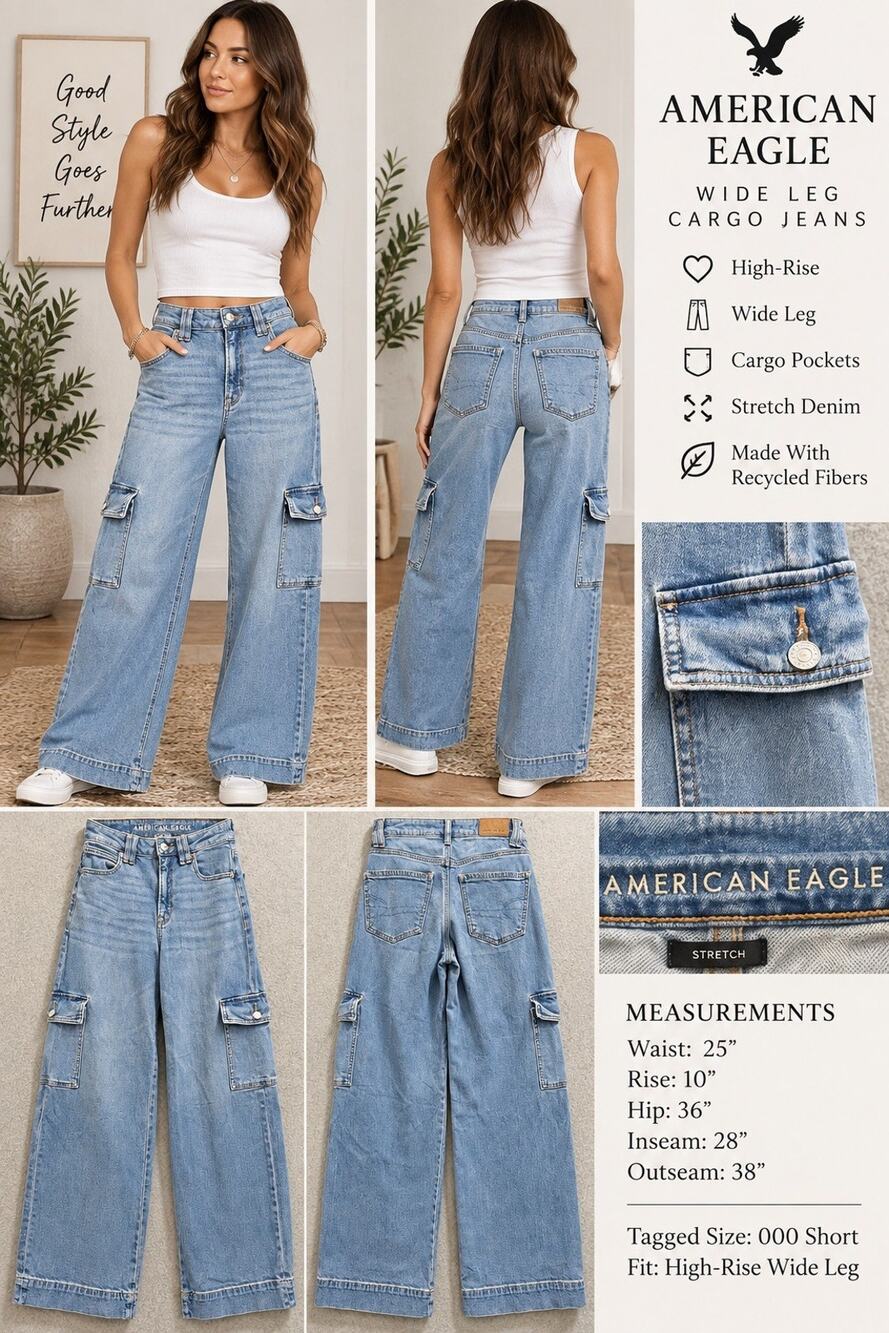 American Eagle 000 Short Wide Leg Cargo Jeans High Rise Stretch Light Wash